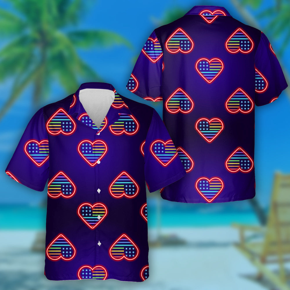 Ideal Neon Heart American Flag Monochrome Blue Background Hawaiian Shirt, Hawaiian Shirt Gift, Christmas Gift