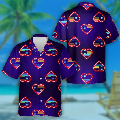 Ideal Neon Heart American Flag Monochrome Blue Background Hawaiian Shirt, Hawaiian Shirt Gift, Christmas Gift