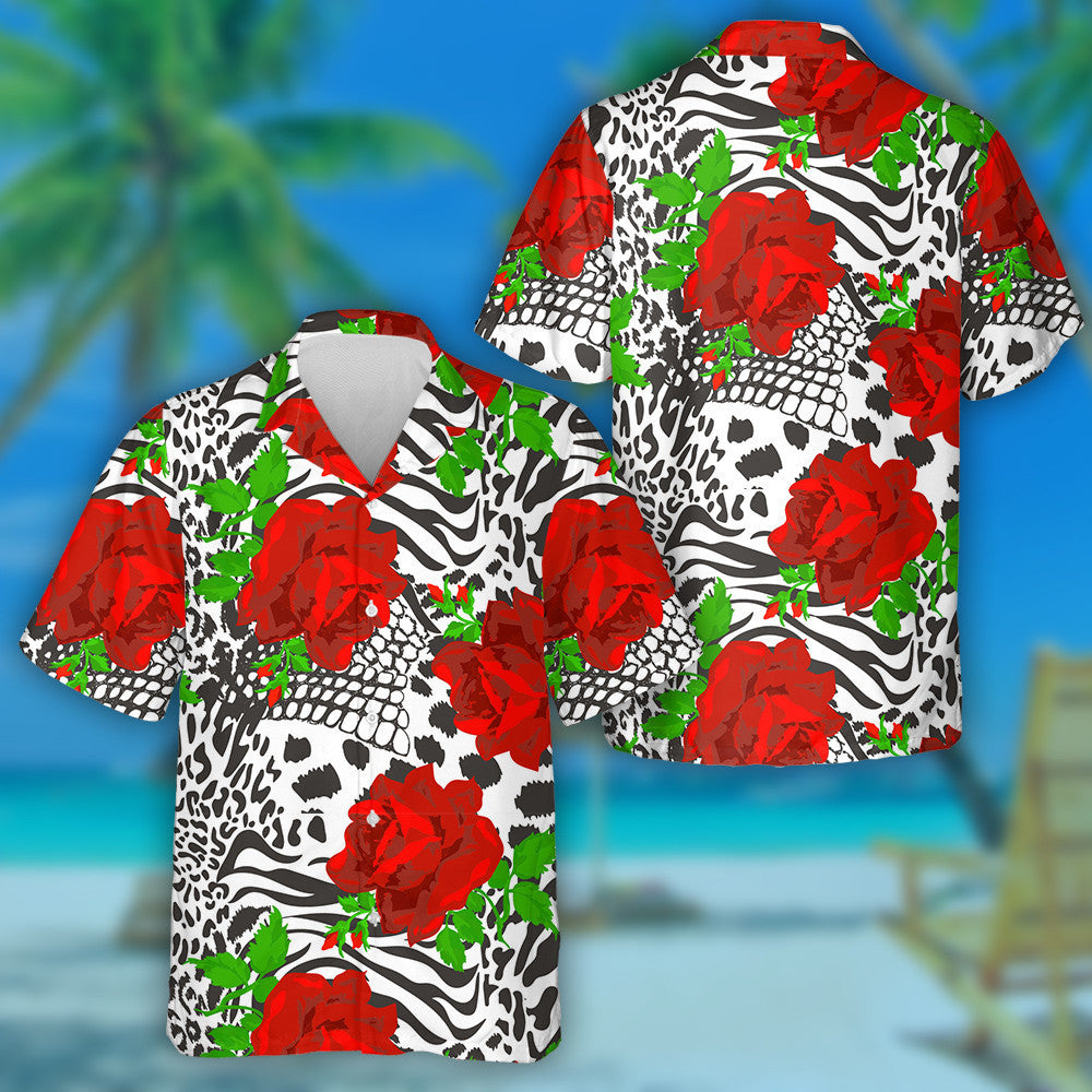 Mix Leopard Animal Skin And Red Roses Hawaiian Shirt, Hawaiian Shirt Gift, Christmas Gift