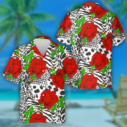 Mix Leopard Animal Skin And Red Roses Hawaiian Shirt, Hawaiian Shirt Gift, Christmas Gift