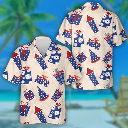 Surprised Gift Boxes And Fireworks On Beige Background Hawaiian Shirt, Hawaiian Shirt Gift, Christmas Gift