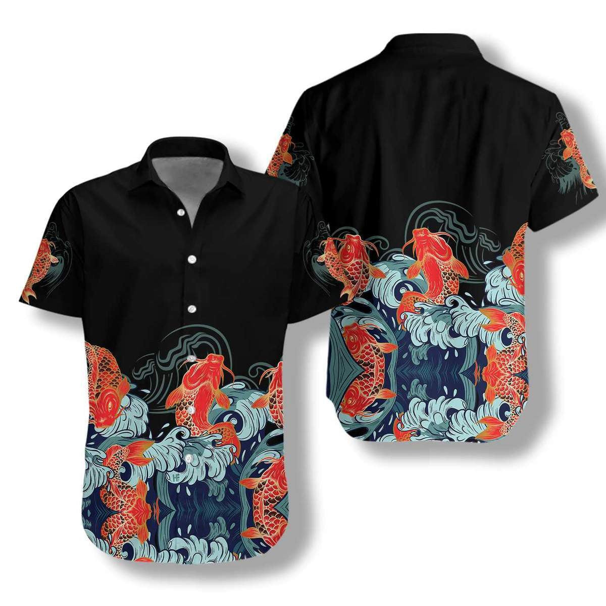 Golden Koi Fish On Black Background Hawaiian Shirt,Hawaiian Shirt Gift, Christmas Gift