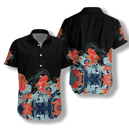 Golden Koi Fish On Black Background Hawaiian Shirt,Hawaiian Shirt Gift, Christmas Gift