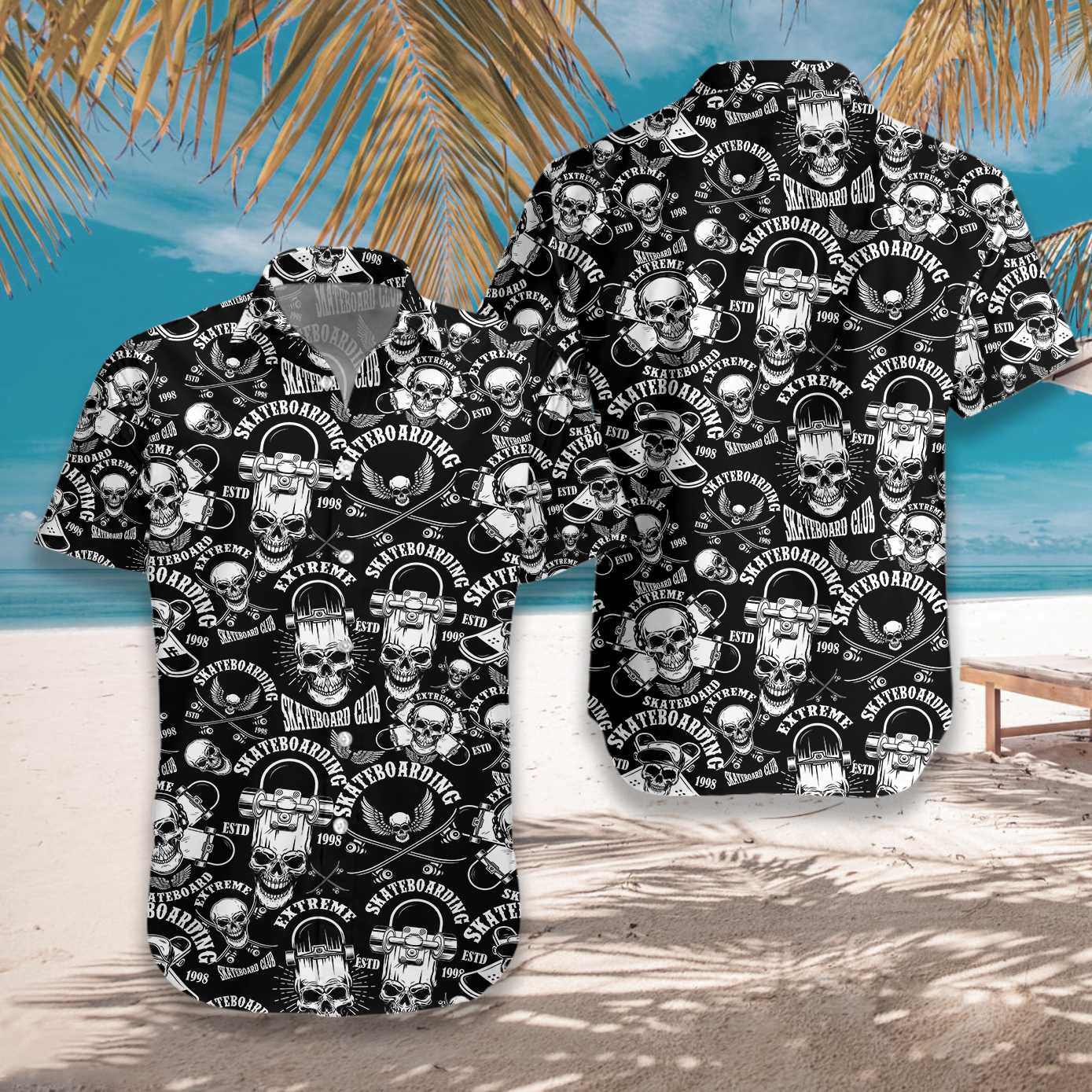 Skateboard Emblems In Monochrome Style Design Hawaiian Shirt,Hawaiian Shirt Gift, Christmas Gift