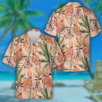 Tropical Flowers Palm Leave With Beautiful Flamingo Hawaiian Shirt, Hawaiian Shirt Gift, Christmas Gift