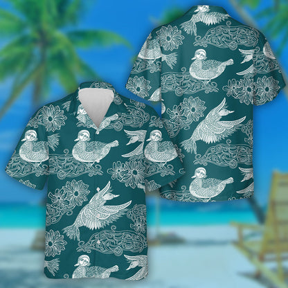 Hand Drawn Vintage Ducks And Flowers Ornament Hawaiian Shirt, Hawaiian Shirt Gift, Christmas Gift