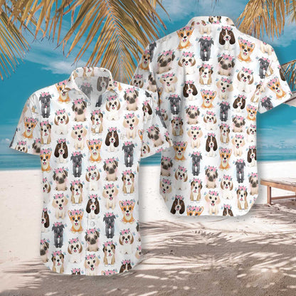 Puppies Gleoite Le Bláthanna Cúlra Corónach Bán Léine Haváís, Bronntanas Léine Haváís, Bronntanas Nollag