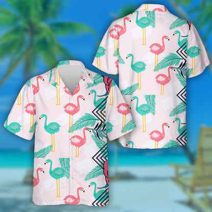 Green And Pink Flamingo With Palm Leaves Hawaiian Shirt, Hawaiian Shirt Gift, Christmas Gift