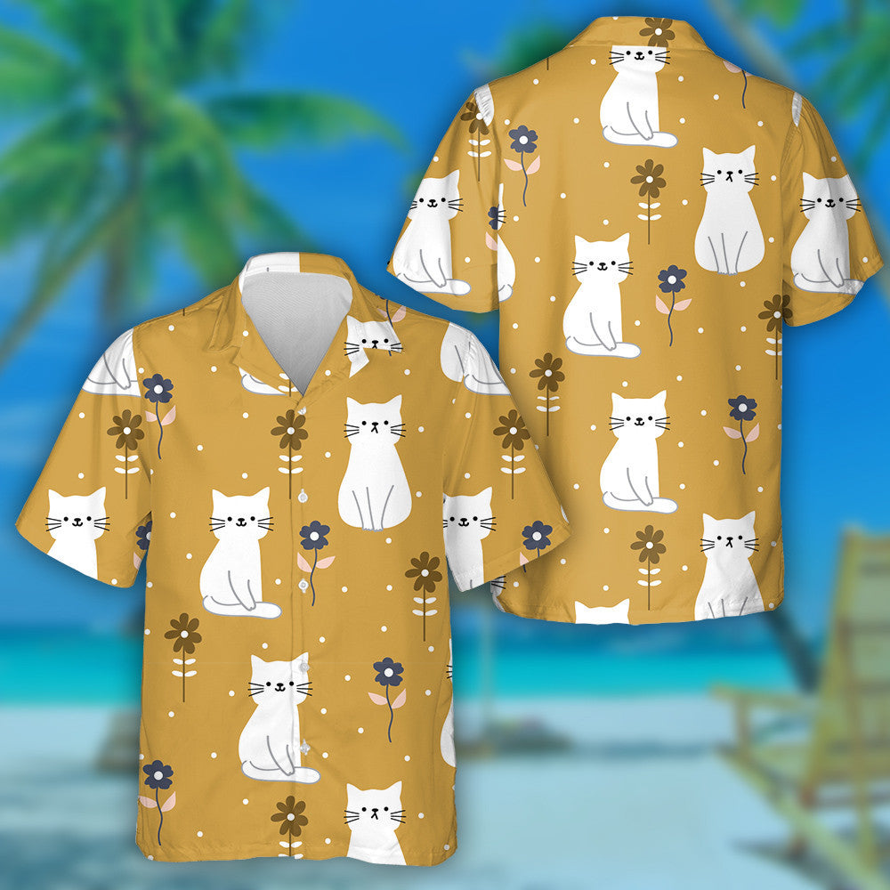 Cute Cartoon Cats And Flower On Brown Hawaiian Shirt, Hawaiian Shirt Gift, Christmas Gift