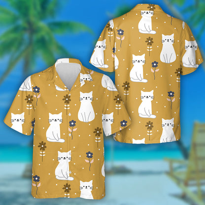 Cute Cartoon Cats And Flower On Brown Hawaiian Shirt, Hawaiian Shirt Gift, Christmas Gift