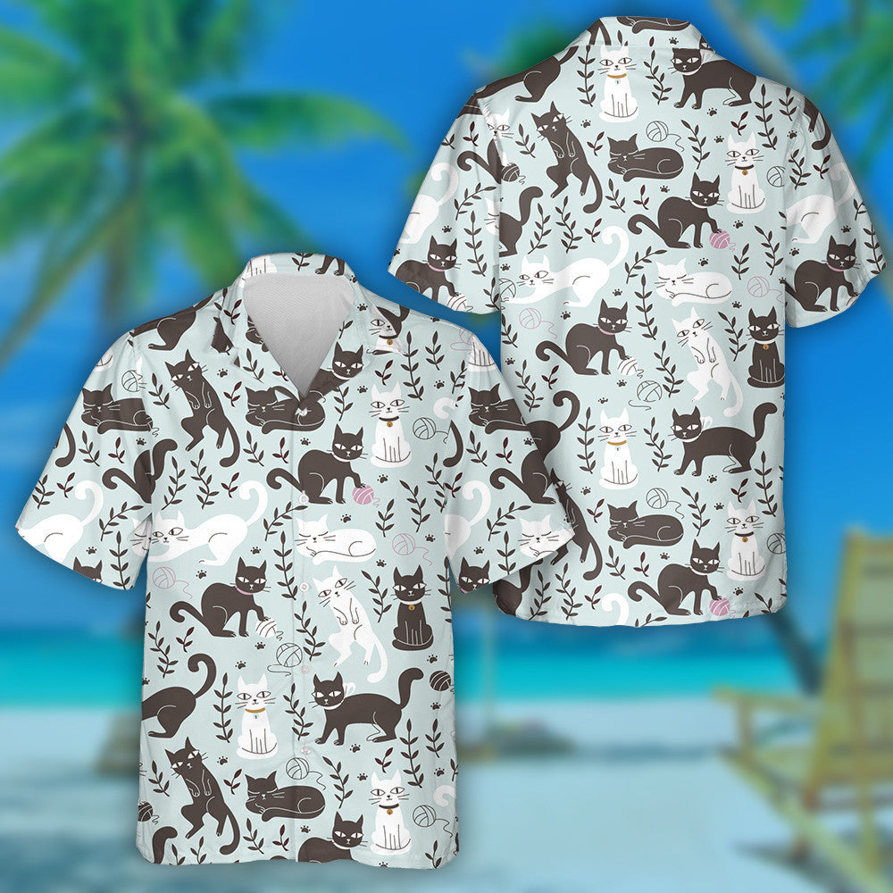 Black And White Cats In Doodle Style Hawaiian Shirt, Hawaiian Shirt Gift, Christmas Gift
