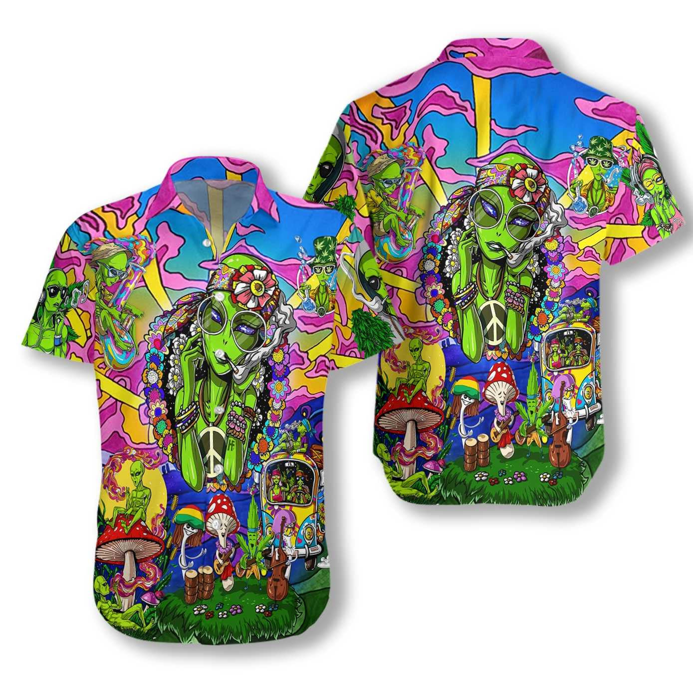 Hippie Alien Colorful Design Impressive Pattern Hawaiian Shirt,Hawaiian Shirt Gift, Christmas Gift