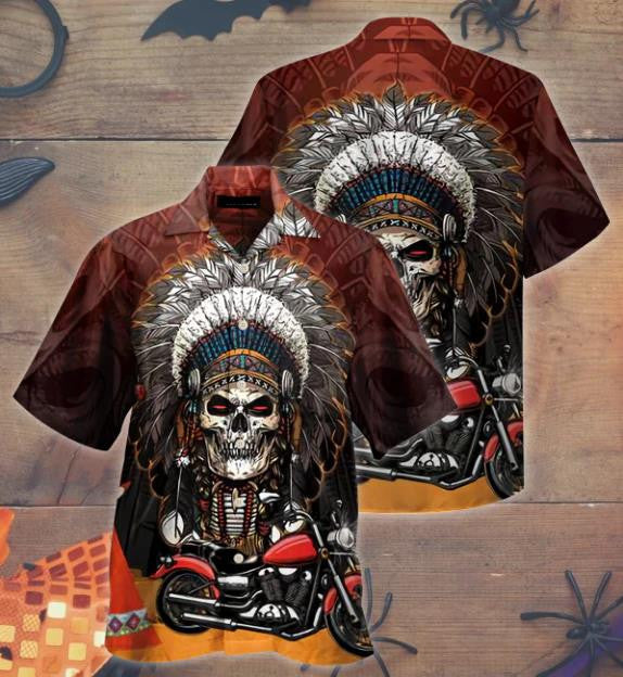 Skull Native Hawaiian Hat Cool Bike Gift For Biker Hawaiian Shirt,Hawaiian Shirt Gift, Christmas Gift