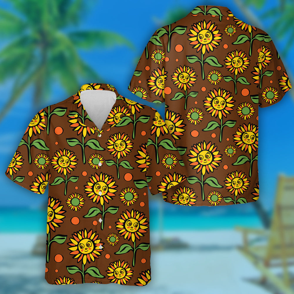 Cartoon Smiley Face Sunflowers On Brown Background Hawaiian Shirt, Hawaiian Shirt Gift, Christmas Gift