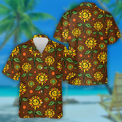 Cartoon Smiley Face Sunflowers On Brown Background Hawaiian Shirt, Hawaiian Shirt Gift, Christmas Gift
