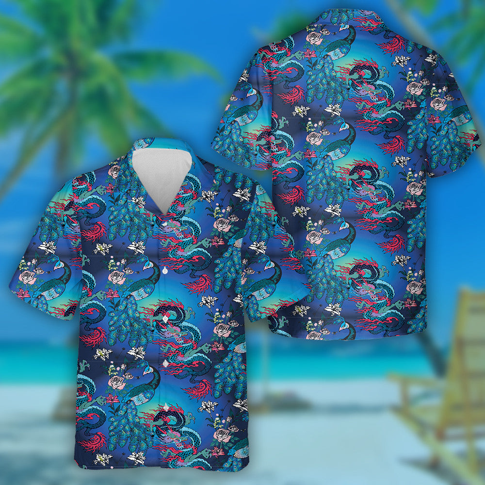 Peacock And Asian Dragon With Flower Hawaiian Shirt,Hawaiian Shirt Gift, Christmas Gift