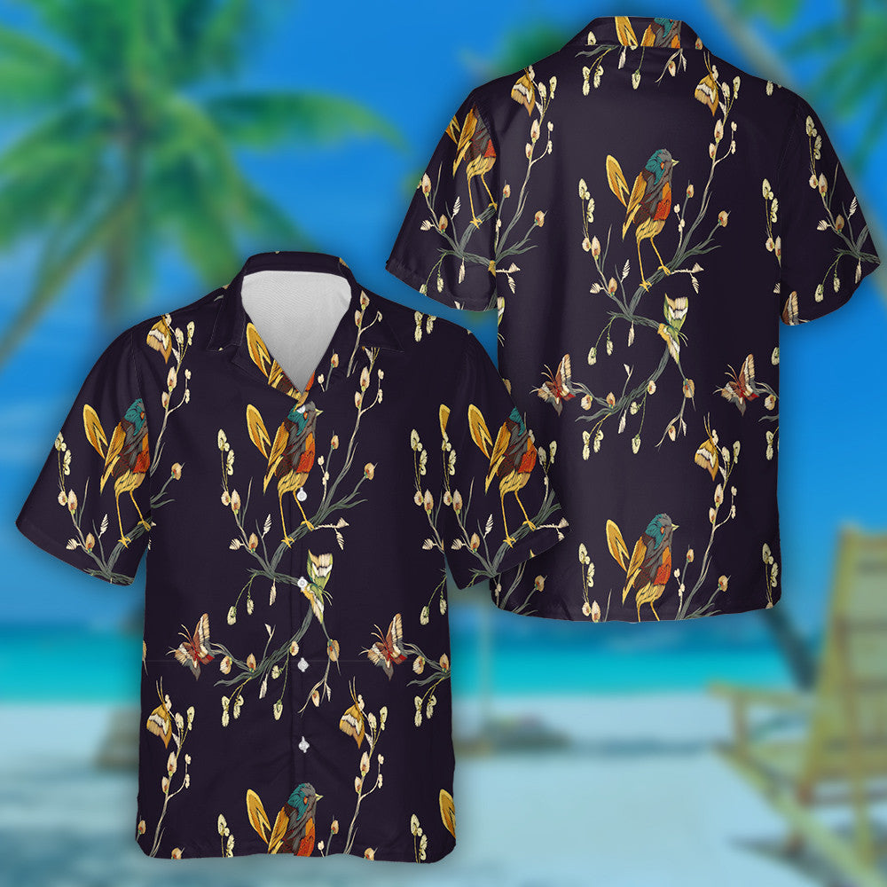 Bird Perched On Tree Brach Seeing Butterfly Hawaiian Shirt, Hawaiian Shirt Gift, Christmas Gift