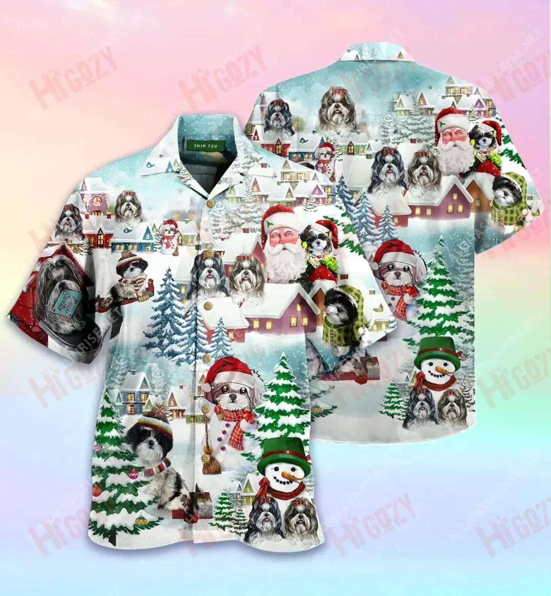 We Shih Tzu Nollaig Shona Unisex Léine Haváís Caitheamh aimsire Muinchille Gearr Léinte Haváís Saincheaptha Léinte haváíais do Mhná, Bronntanas Léine Haváís, Bronntanas Nollag