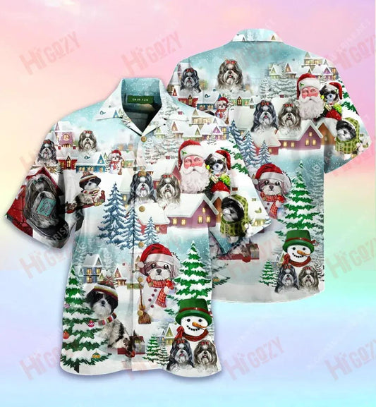 We Shih Tzu Nollaig Shona Unisex Léine Haváís Caitheamh aimsire Muinchille Gearr Léinte Haváís Saincheaptha Léinte haváíais do Mhná, Bronntanas Léine Haváís, Bronntanas Nollag