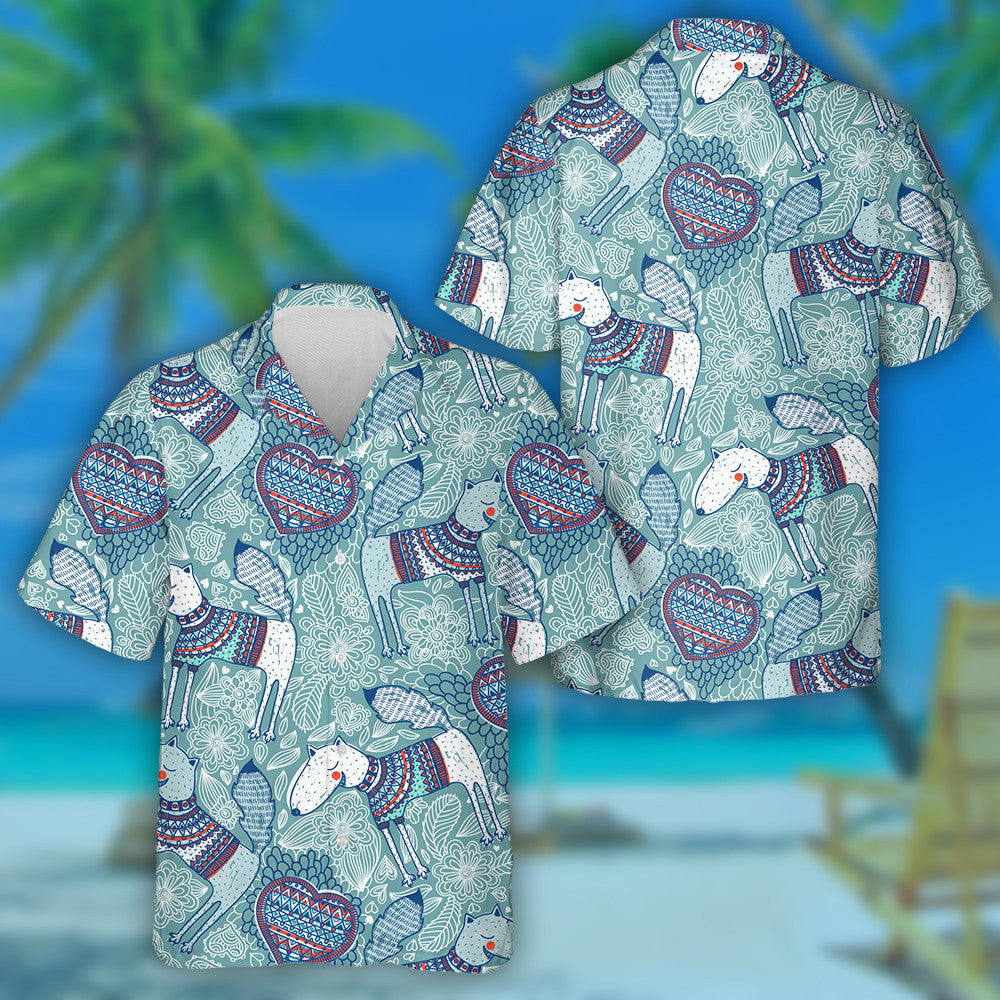 Smiling Dogs And Knitted Hearts On Blue Hawaiian Shirt, Hawaiian Shirt Gift, Christmas Gift