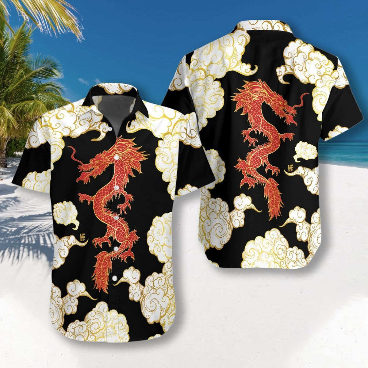 Cool Chinese Dragon Black Red Cloud Ornamental Hawaiian Shirt, Hawaiian Shirt Gift, Christmas Gift