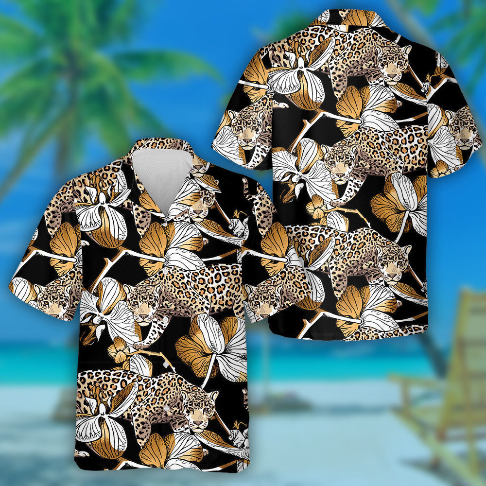 Bláthanna Liopard Óir Agus Magairlín ar Chúlra Dubh Léine Haváís, Bronntanas Léine Haváís, Bronntanas Nollag