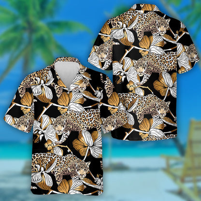 Bláthanna Liopard Óir Agus Magairlín ar Chúlra Dubh Léine Haváís, Bronntanas Léine Haváís, Bronntanas Nollag