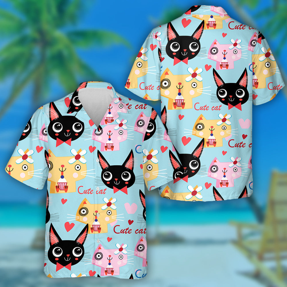 Cats In Love On A Background With Hearts Hawaiian Shirt, Hawaiian For Gift