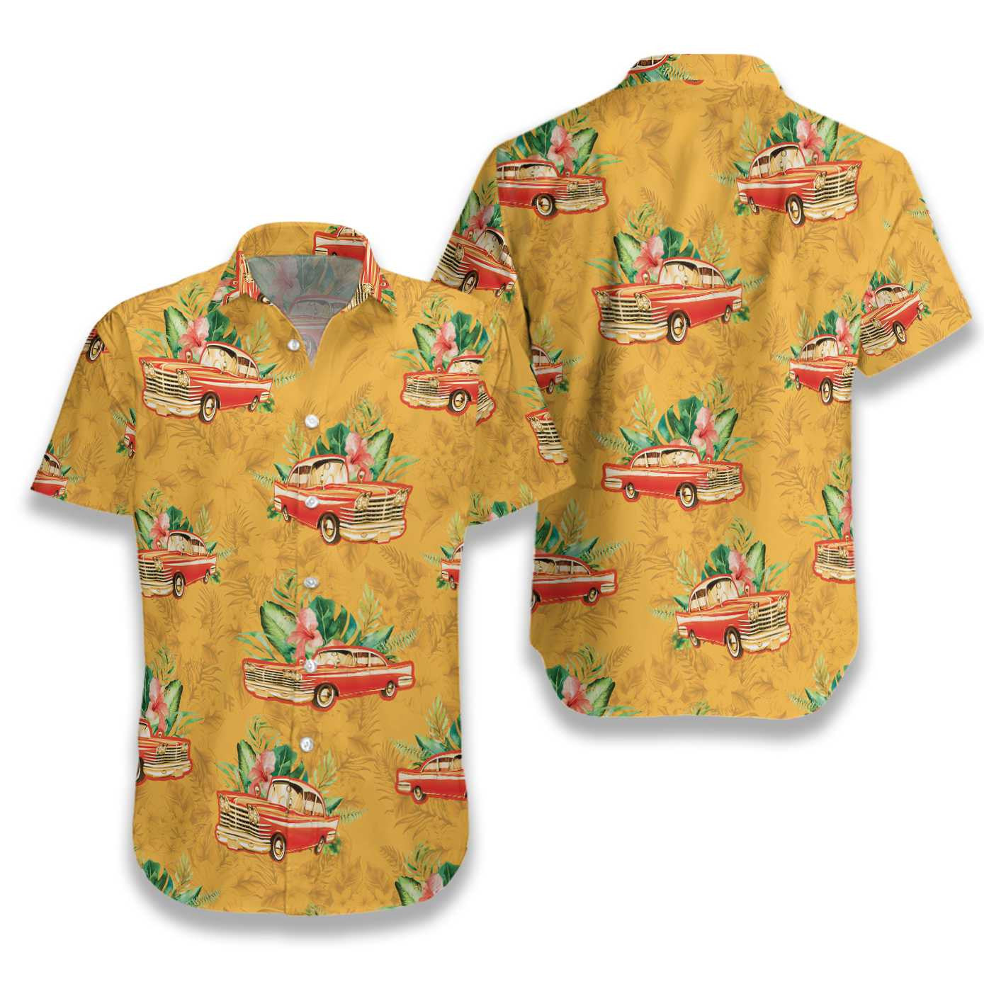Classic Red Car Vintage Design Gold Theme Hawaiian Shirt, Hawaiian Shirt Gift, Christmas Gift