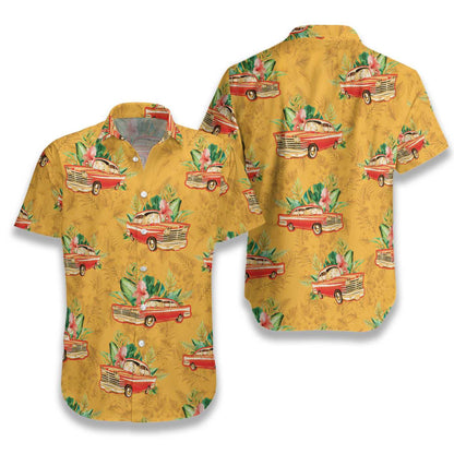 Classic Red Car Vintage Design Gold Theme Hawaiian Shirt, Hawaiian Shirt Gift, Christmas Gift