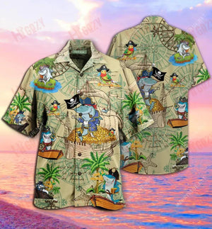 Amazing Pirate Shark Unisex Hawaiian Shirt Summer Short Sleeve Tactical Hawaiian Shirt Hawaiian Shirt Pattern, Hawaiian Shirt Gift, Christmas Gift