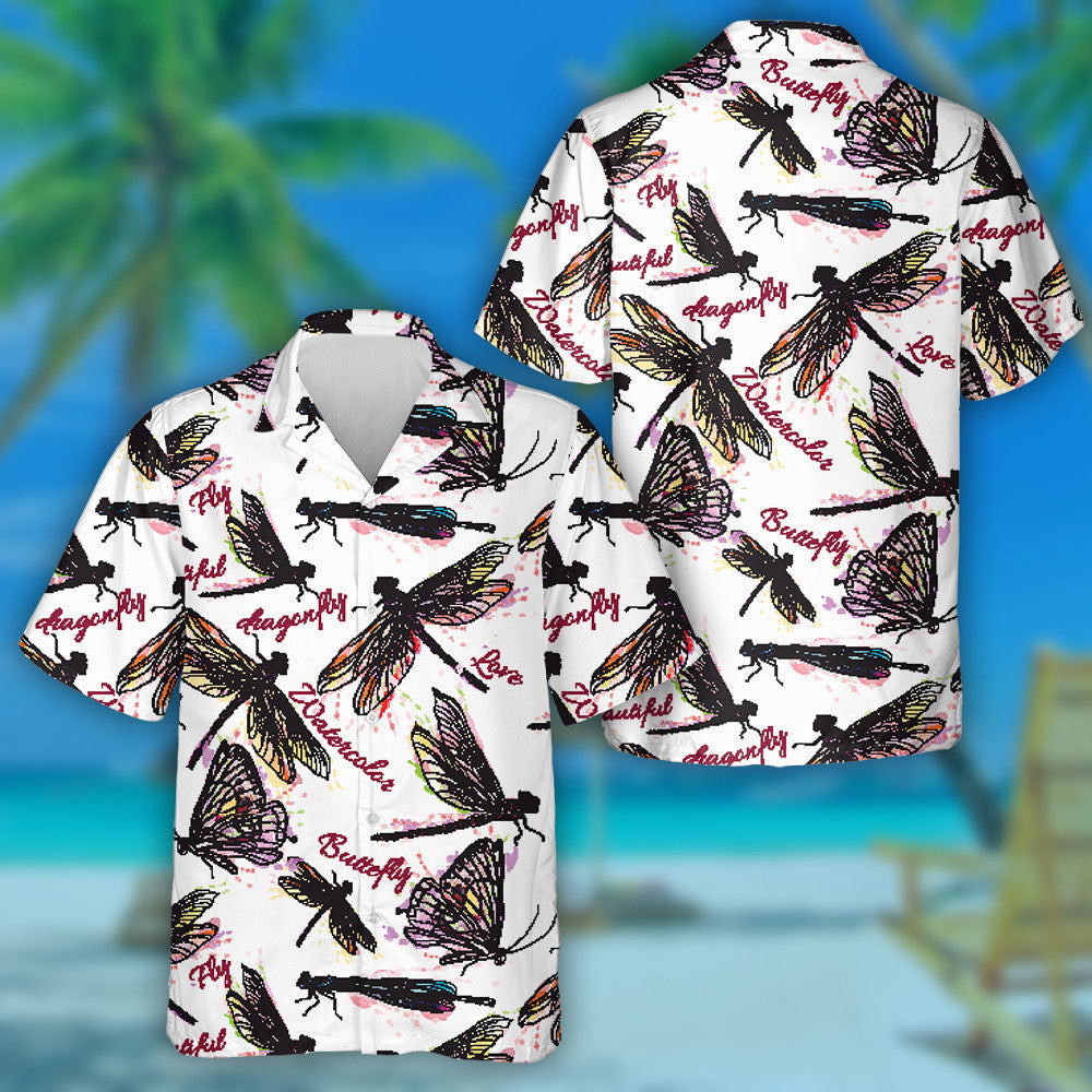Bright Flying Dragonfly Insects In Watercolor Style Hawaiian Shirt, Hawaiian Shirt Gift, Christmas Gift