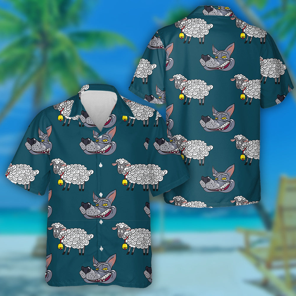 Smiling Wolf Face And Nice Lamb Hawaiian Shirt,Hawaiian Shirt Gift, Christmas Gift