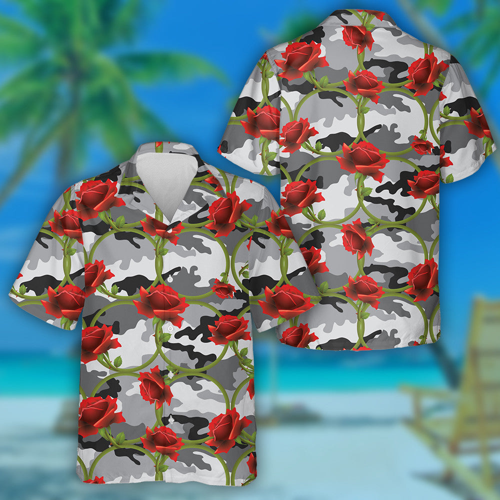 Ag mealladh Ciorcal Rós Dheirg Ar Phatrún Camo Liath Léine Haváís, Bronntanas Léine Haváíais, Bronntanas Nollag