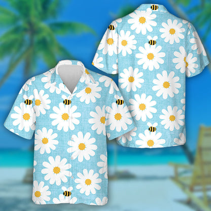 Natural Summer Bright Bees With Chamomile Flowers Hawaiian Shirt, Hawaiian Shirt Gift, Christmas Gift
