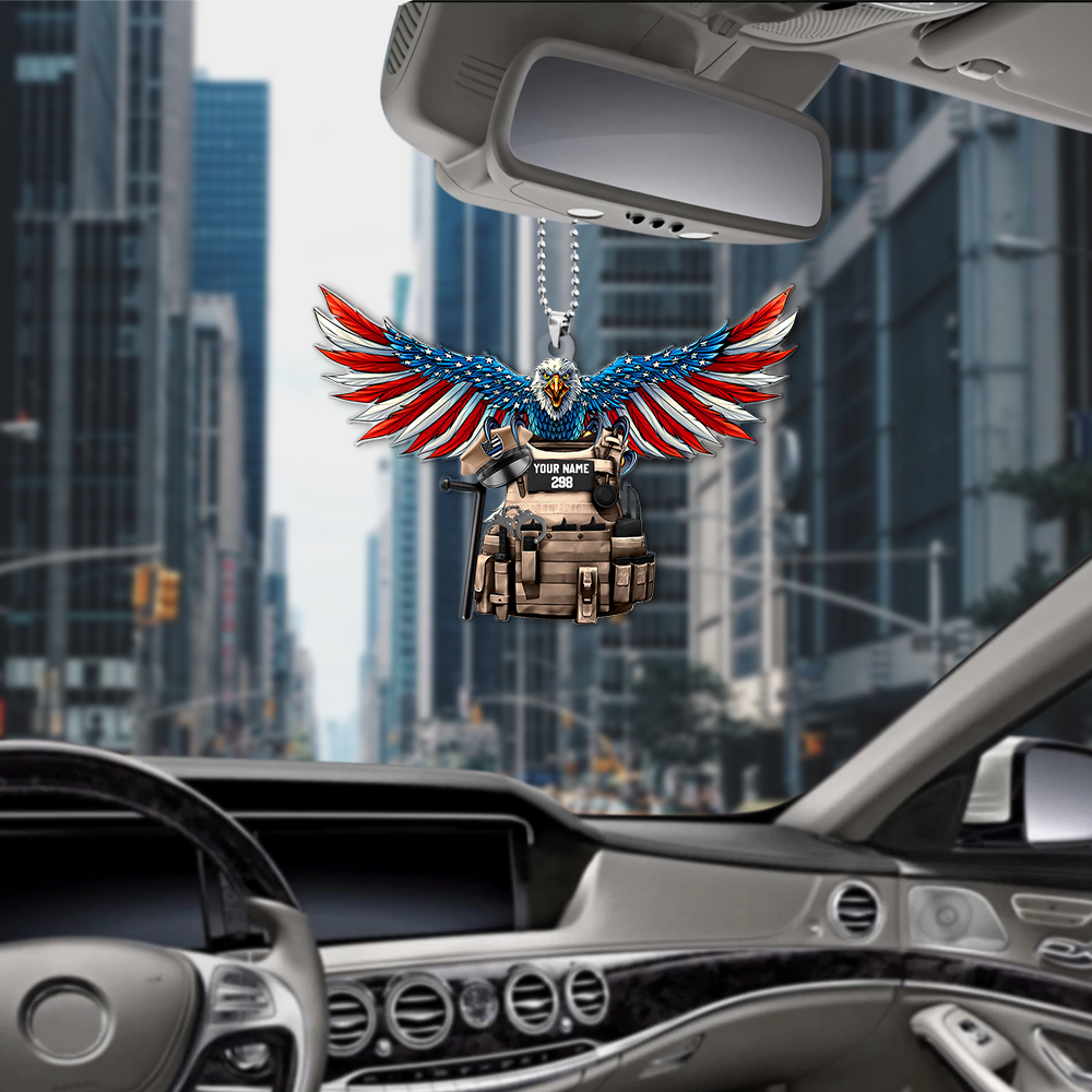 Personalized Eagle Thin Blue Line Flag Bulletproof Police Shaped Flat Acrylic Car Ornament, Christmas Decoration