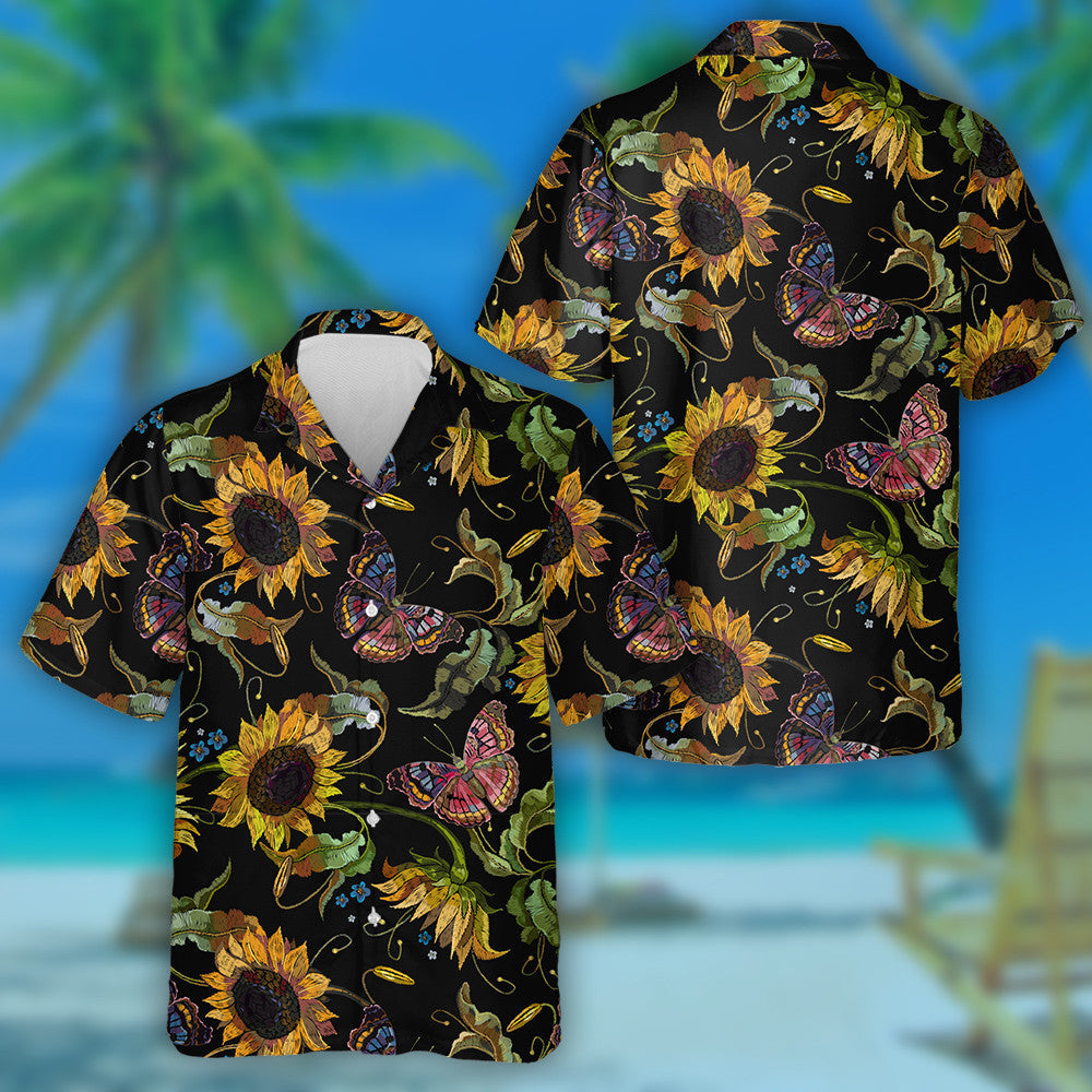 Bróidnéireacht Ollmhór lus na gréine agus féileacáin ar chúlra dubh Léine haváí, bronntanas Léine haváíais, bronntanas Nollag