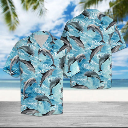 Blue Ocean Dolphins Jumping Background Hawaiian Shirt, Hawaiian For Gift