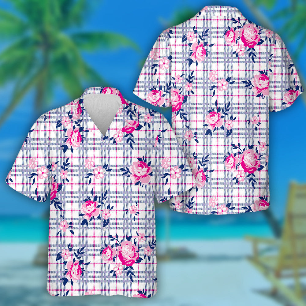 Bouquet Roses Agus Nóiníní Beaga ar Chúlra Seiceáilte Léine Haváí, Bronntanas Léine Haváí, Bronntanas Nollag