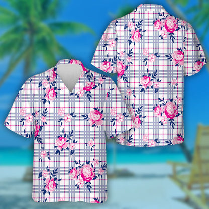 Bouquet Roses Agus Nóiníní Beaga ar Chúlra Seiceáilte Léine Haváí, Bronntanas Léine Haváí, Bronntanas Nollag