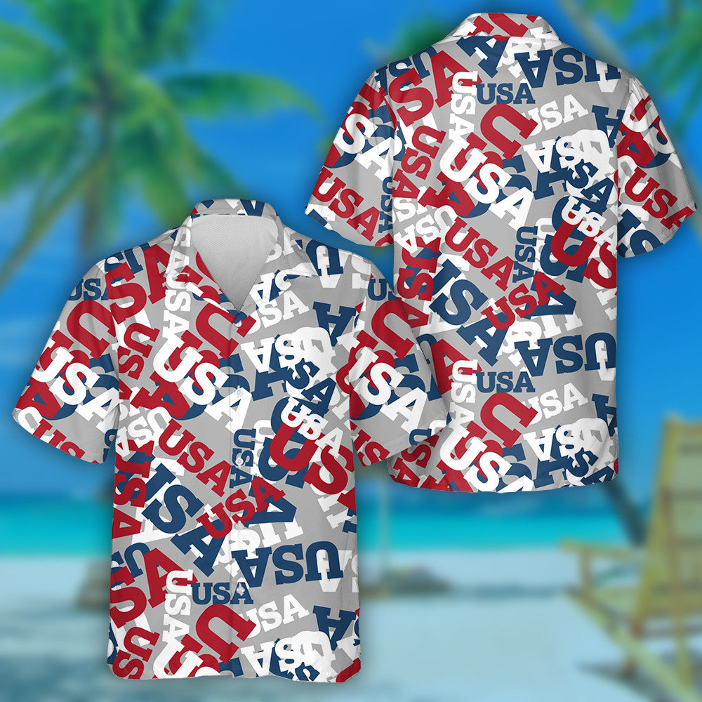 Patriotic Color USA Text Gray Background Pattern Hawaiian Shirt, Hawaiian Shirt Gift, Christmas Gift