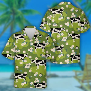 Cow Flies And Flowers On Green Hawaiian Shirt,Hawaiian Shirt Gift, Christmas Gift