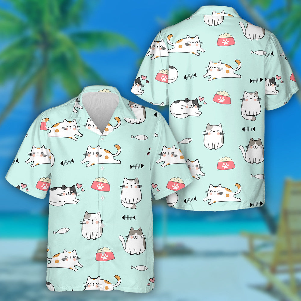 Cute Cat On Green Pastel Doodle Style Hawaiian Shirt, Hawaiian Shirt Gift, Christmas Gift