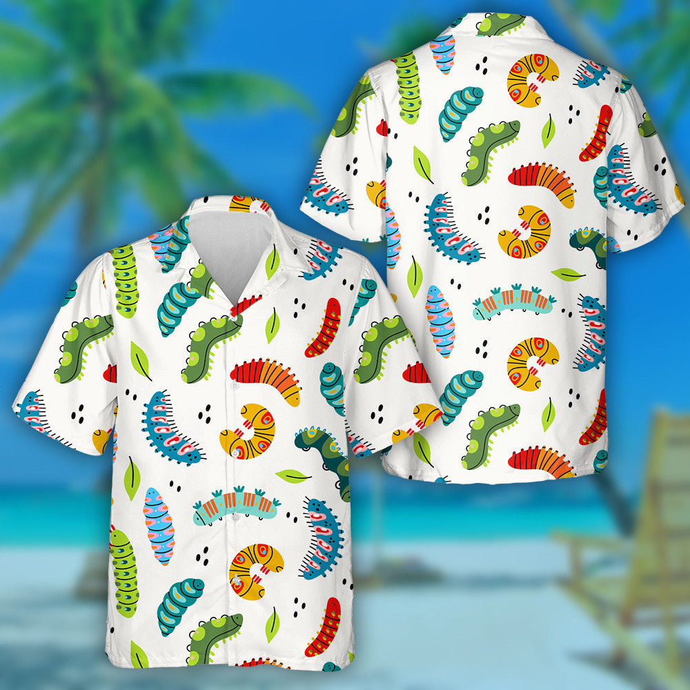 Hand Drawn Spring And Summer Colorful Caterpillars Hawaiian Shirt, Hawaiian Shirt Gift, Christmas Gift