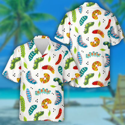 Hand Drawn Spring And Summer Colorful Caterpillars Hawaiian Shirt, Hawaiian Shirt Gift, Christmas Gift