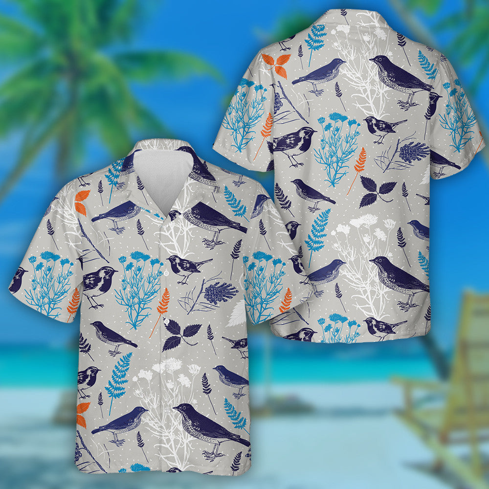 Blue Bird With Tree And Leave In Winter Hawaiian Shirt, Hawaiian Shirt Gift, Christmas Gift