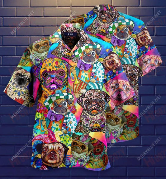 Colorful Cute Pugs Short Hawaiian Shirt Vacation Aloha Shirt Tropical Shirts For Men Hawaiian Shirts For Men, Hwaiian For Gift