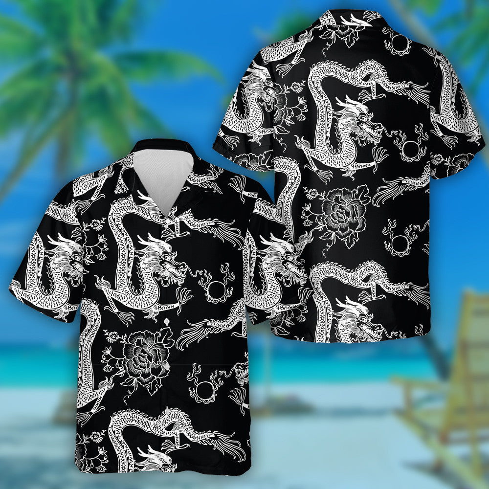 Dúigh Vintage Álainn Léine Dragon Dubh Agus Bán Haváís Síneach, Bronntanas Léine Haváíais, Bronntanas Nollag