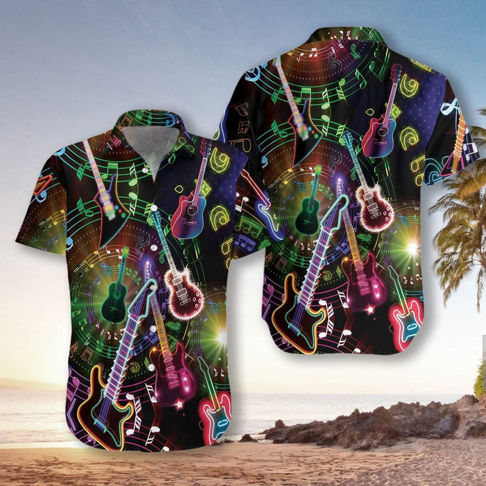 Colorful Guitars On Dark Background Pattern Hawaiian Shirt, Hawaiian For Gift
