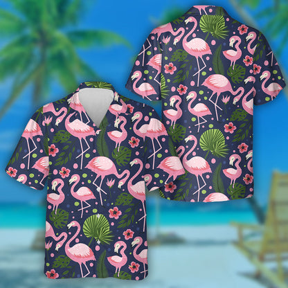 Flamingo With Tropic Palm And Pink Flowers Hawaiian Shirt, Hawaiian Shirt Gift, Christmas Gift